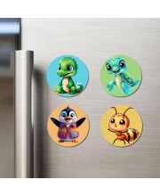 Crocodile, Turtle, Penguin, and Bee. Fridge Magnets 4 Piece Set | 3 Inch Round Wall Fridge Decor (F22876)