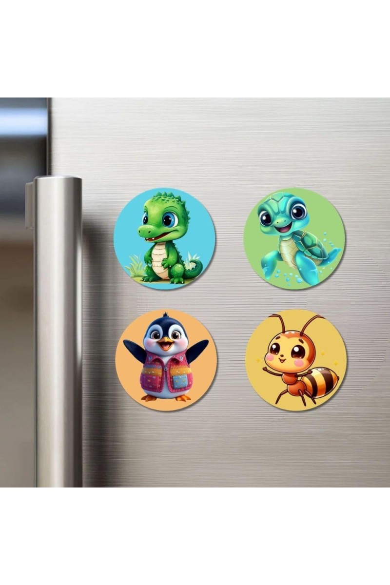 Crocodile, Turtle, Penguin, and Bee. Fridge Magnets 4 Piece Set | 3 Inch Round Wall Fridge Decor (F22876)