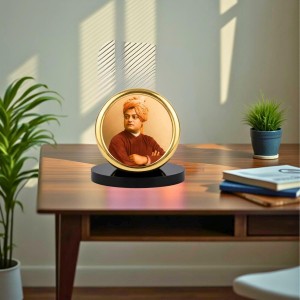 Car Desk/Table Top Swami Vivekananda Metal Golden Photo Stand 2x2 Inches, Compact & Stylish Spiritual Display for Car, Home & Office (Pack of 1) (F18564)