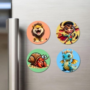Lion, Bull, Crab, and Dragon. Fridge Magnets 4 Piece Set | 3 Inch Round Wall Fridge Decor (F23017)