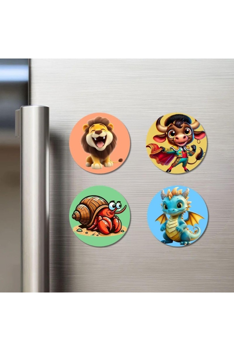 Lion, Bull, Crab, and Dragon. Fridge Magnets 4 Piece Set | 3 Inch Round Wall Fridge Decor (F23017)