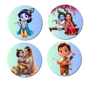 Rama, Ganesha, Yashoda, Krishna, and Hanuman. Fridge Magnets 4 Piece Set | 3 Inch Round Wall Fridge Decor (F22834)