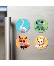 Swan, Turtle, Fox, and Lion. Fridge Magnets 4 Piece Set | 3 Inch Round Wall Fridge Decor (F22902)
