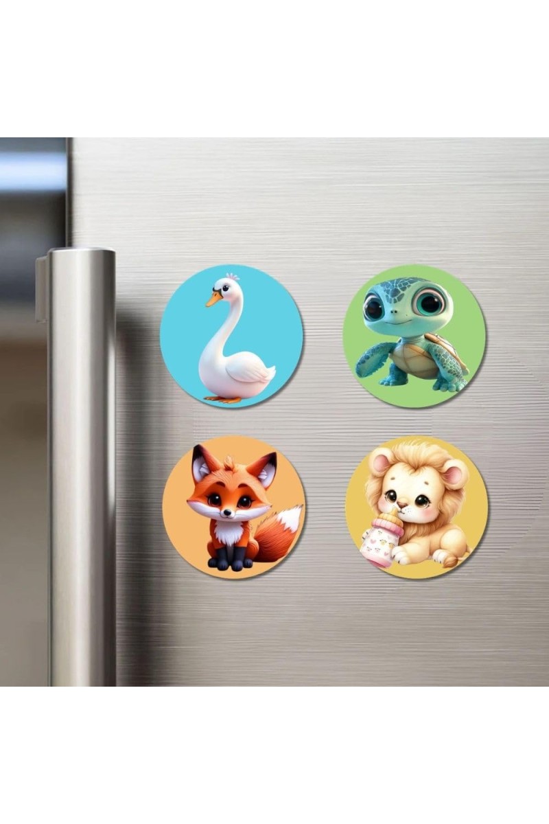 Swan, Turtle, Fox, and Lion. Fridge Magnets 4 Piece Set | 3 Inch Round Wall Fridge Decor (F22902)