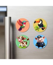 Hummingbird, Toucan, Cow, and Pig. Fridge Magnets 4 Piece Set | 3 Inch Round Wall Fridge Decor (F23045)