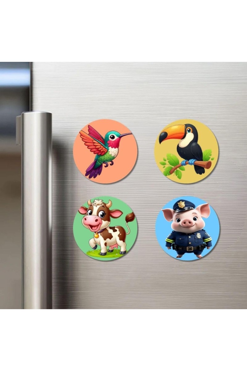 Hummingbird, Toucan, Cow, and Pig. Fridge Magnets 4 Piece Set | 3 Inch Round Wall Fridge Decor (F23045)