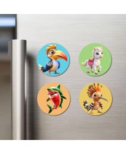 Hornbill, Horse, Shark, and Hoopoe. Fridge Magnets 4 Piece Set | 3 Inch Round Wall Fridge Decor (F22851)