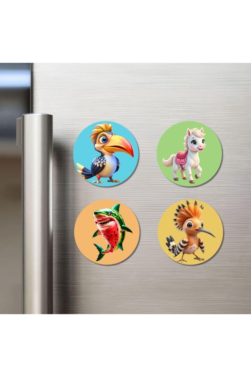 Hornbill, Horse, Shark, and Hoopoe. Fridge Magnets 4 Piece Set | 3 Inch Round Wall Fridge Decor (F22851)