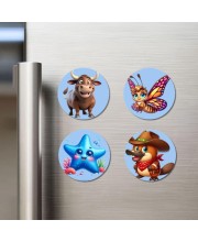 Bull, Butterfly, Starfish, and Platypus. Fridge Magnets 4 Piece Set | 3 Inch Round Wall Fridge Decor (F23081)