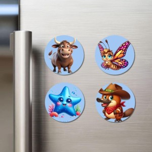 Bull, Butterfly, Starfish, and Platypus. Fridge Magnets 4 Piece Set | 3 Inch Round Wall Fridge Decor (F23081)