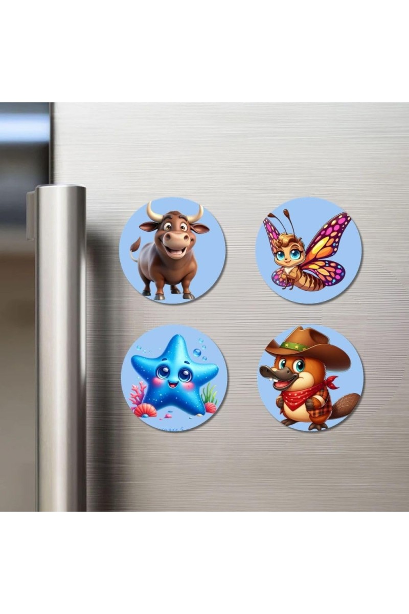 Bull, Butterfly, Starfish, and Platypus. Fridge Magnets 4 Piece Set | 3 Inch Round Wall Fridge Decor (F23081)
