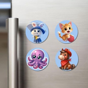 Rabbit, Cat, Octopus, and Horse. Fridge Magnets 4 Piece Set | 3 Inch Round Wall Fridge Decor (F23133)