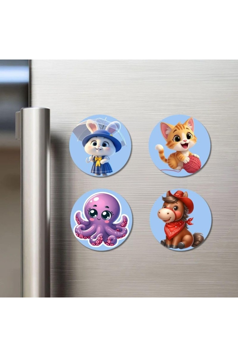 Rabbit, Cat, Octopus, and Horse. Fridge Magnets 4 Piece Set | 3 Inch Round Wall Fridge Decor (F23133)