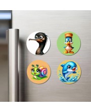 Ostrich, Duck, Snail, and Dolphin. Fridge Magnets 4 Piece Set | 3 Inch Round Wall Fridge Decor (F22888)
