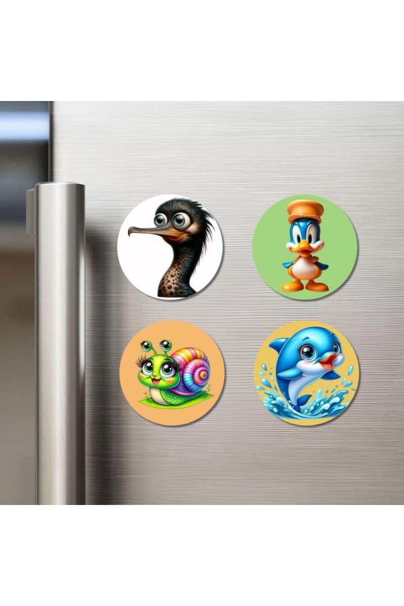 Ostrich, Duck, Snail, and Dolphin. Fridge Magnets 4 Piece Set | 3 Inch Round Wall Fridge Decor (F22888)