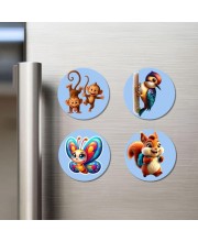 Monkeys, Woodpecker, Butterfly, and Squirrel. Fridge Magnets 4 Piece Set | 3 Inch Round Wall Fridge Decor (F23079)