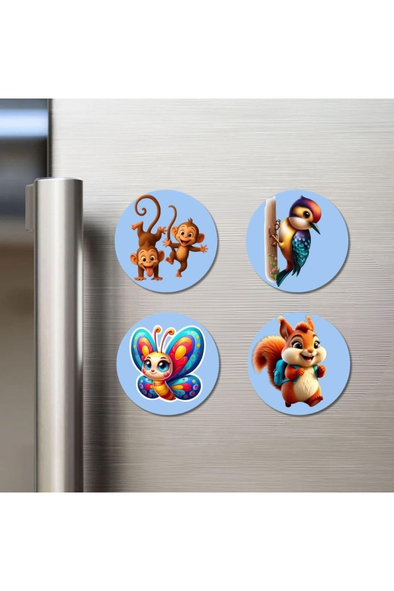 Monkeys, Woodpecker, Butterfly, and Squirrel. Fridge Magnets 4 Piece Set | 3 Inch Round Wall Fridge Decor (F23079)