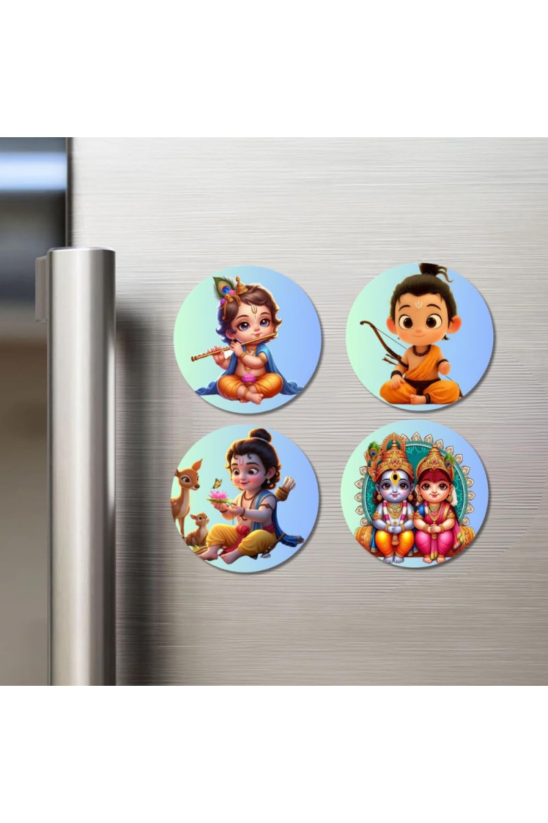 Krishna, Shiva, Parvati, Durga, Ganesha, Rama, and Sita. Fridge Magnets 4 Piece Set | 3 Inch Round Wall Fridge Decor (F22799)