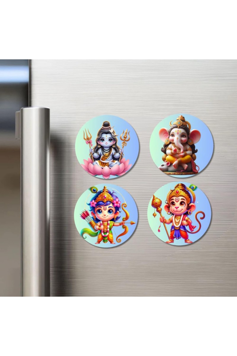 Shiva, Ganesha, Rama, and Hanuman Fridge Magnets 4 Piece Set | 3 Inch Round Wall Fridge Decor (F22792)