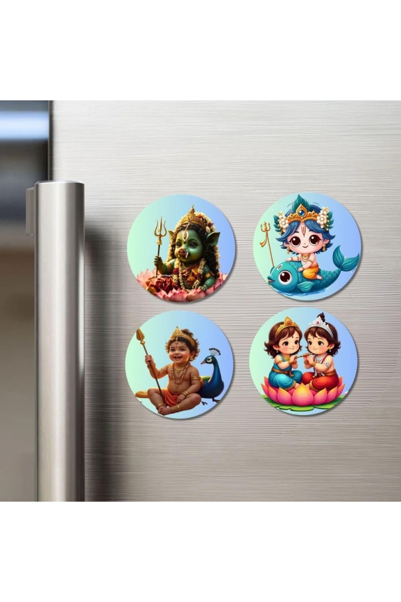 Lakshmi, Matsya (Vishnu), Murugan, LakshmiVishnu Fridge Magnets 4 Piece Set | 3 Inch Round Wall Fridge Decor (F23256)