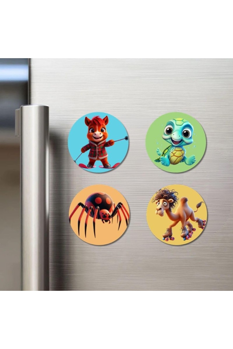Horse, Turtle, Spider, and Camel. Fridge Magnets 4 Piece Set | 3 Inch Round Wall Fridge Decor (F22934)