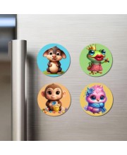 Mouse, Frog, Monkey, and Owl. Fridge Magnets 4 Piece Set | 3 Inch Round Wall Fridge Decor (F22919)