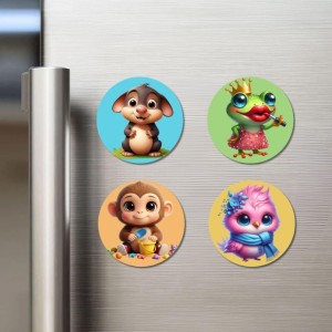 Mouse, Frog, Monkey, and Owl. Fridge Magnets 4 Piece Set | 3 Inch Round Wall Fridge Decor (F22919)