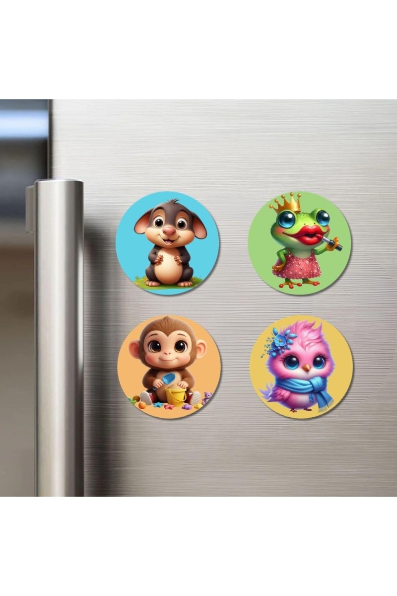 Mouse, Frog, Monkey, and Owl. Fridge Magnets 4 Piece Set | 3 Inch Round Wall Fridge Decor (F22919)
