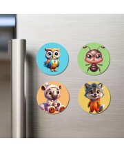 Owl, Ant, Rhino, and Wolf. Fridge Magnets 4 Piece Set | 3 Inch Round Wall Fridge Decor (F22918)