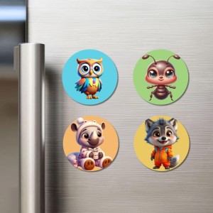 Owl, Ant, Rhino, and Wolf. Fridge Magnets 4 Piece Set | 3 Inch Round Wall Fridge Decor (F22918) Owl, Ant, Rhino, and Wolf. Fridge Magnets 4 Piece Set | 3 Inch Round Wall Fridge Decor (F22918)
