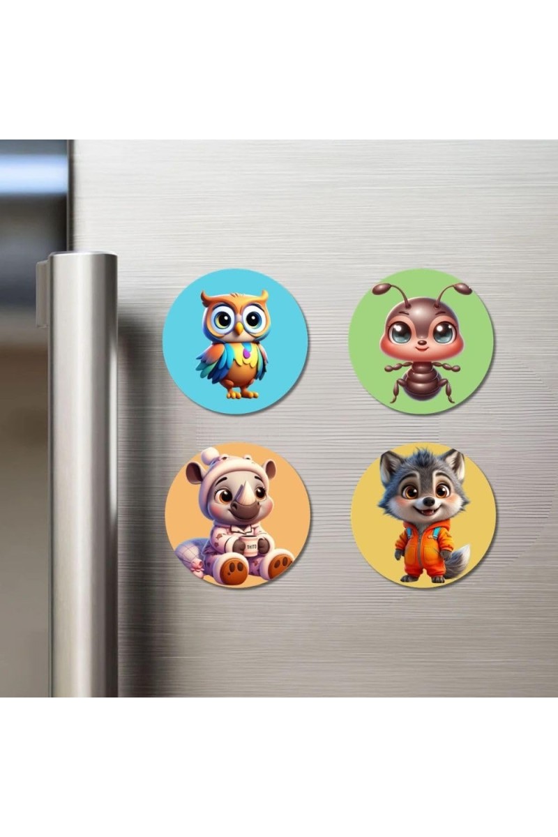 Owl, Ant, Rhino, and Wolf. Fridge Magnets 4 Piece Set | 3 Inch Round Wall Fridge Decor (F22918)