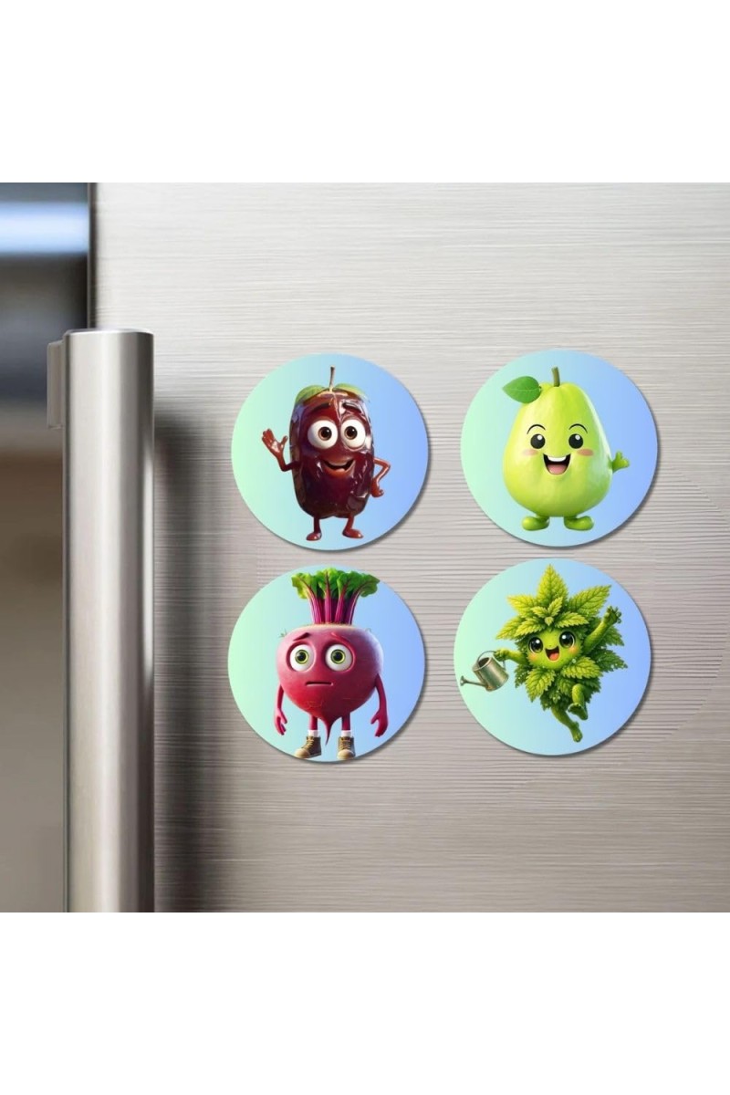 Beetroot, Pear, Radish, Mint Fridge Magnets 4 Piece Set | 3 Inch Round Wall Fridge Decor (F23316)