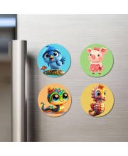 Blue Jay, Pig, Caterpillar, and Seahorse. Fridge Magnets 4 Piece Set | 3 Inch Round Wall Fridge Decor (F22915)