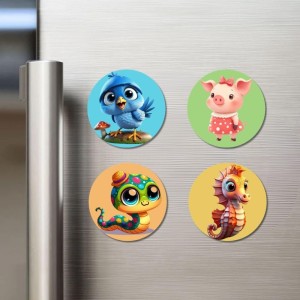 Blue Jay, Pig, Caterpillar, and Seahorse. Fridge Magnets 4 Piece Set | 3 Inch Round Wall Fridge Decor (F22915)