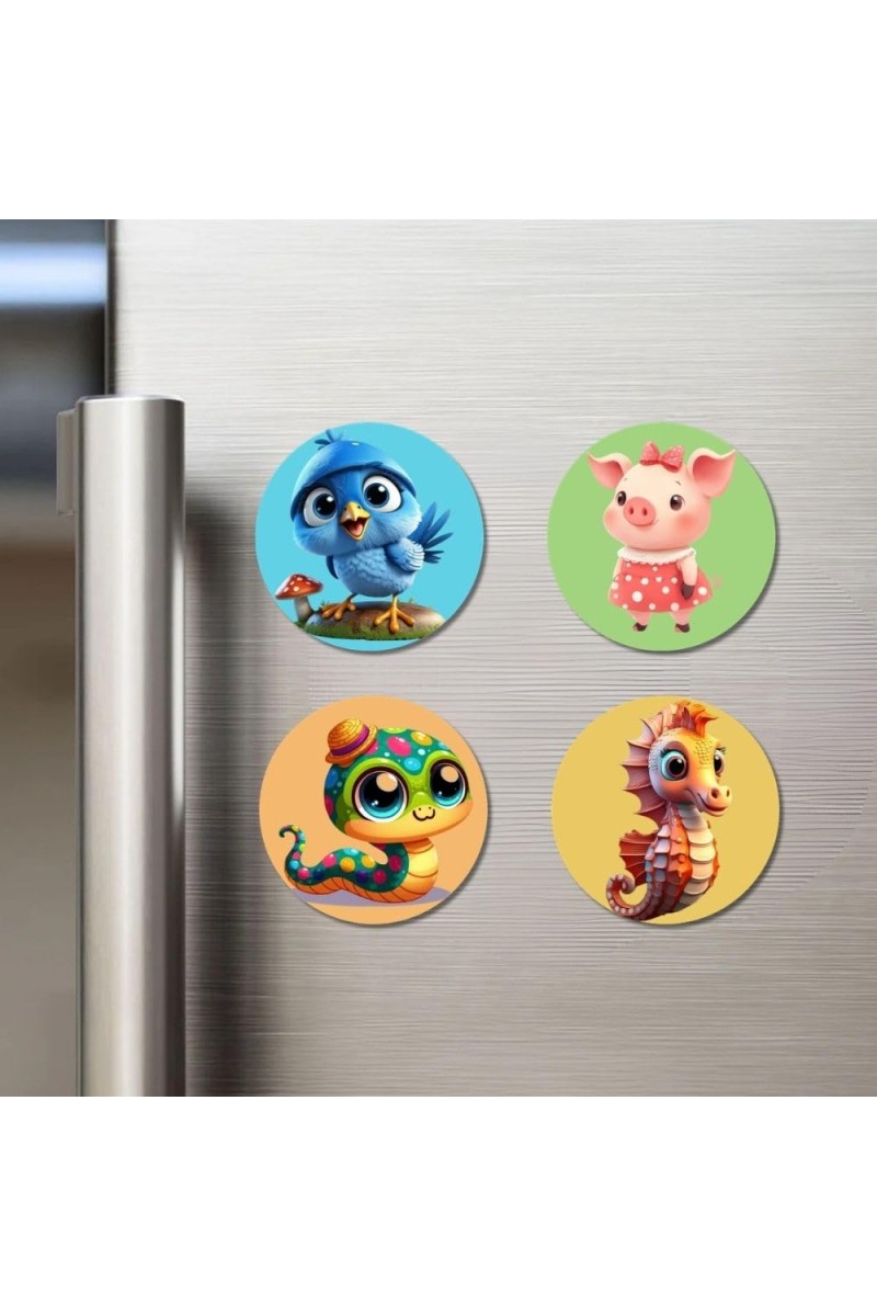 Blue Jay, Pig, Caterpillar, and Seahorse. Fridge Magnets 4 Piece Set | 3 Inch Round Wall Fridge Decor (F22915)