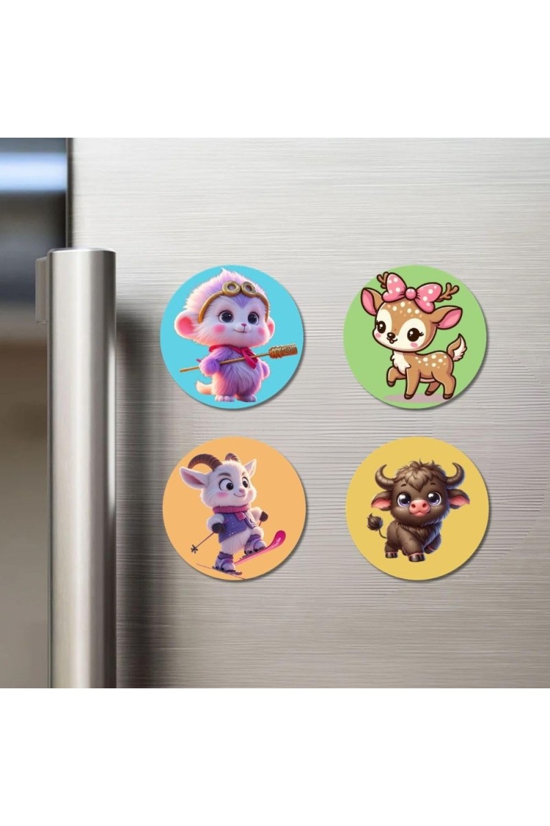 Monkey, Deer, Goat, and Bull. Fridge Magnets 4 Piece Set | 3 Inch Round Wall Fridge Decor (F22883)