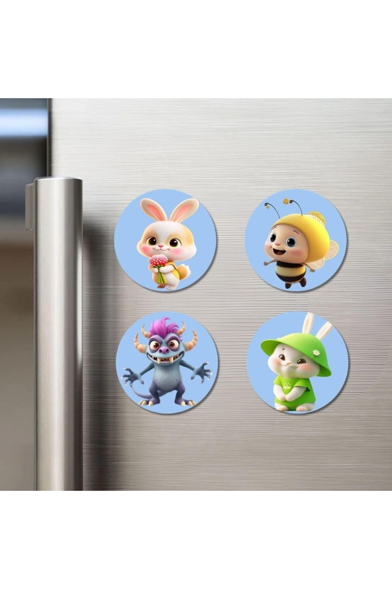 Rabbit, Bee, Monster, and Rabbit. Fridge Magnets 4 Piece Set | 3 Inch Round Wall Fridge Decor (F23134)