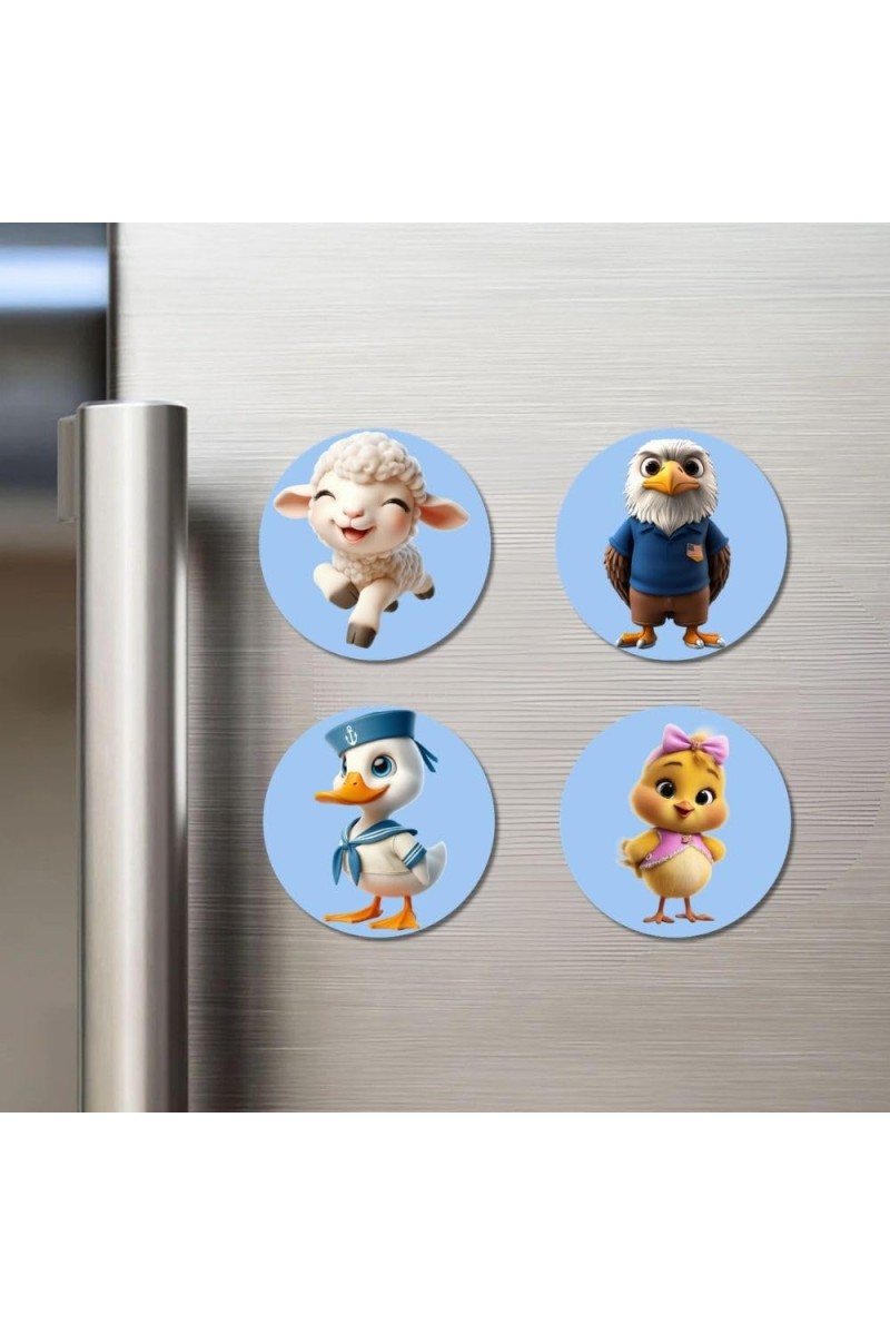 Lamb, Eagle, Duck, and Chick. Fridge Magnets 4 Piece Set | 3 Inch Round Wall Fridge Decor (F23078)