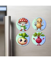 Radish, Garlic, Broccoli, Onion Fridge Magnets 4 Piece Set | 3 Inch Round Wall Fridge Decor (F23297)