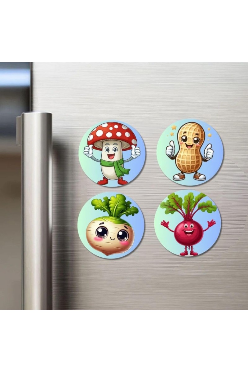 Radish, Garlic, Broccoli, Onion Fridge Magnets 4 Piece Set | 3 Inch Round Wall Fridge Decor (F23297)