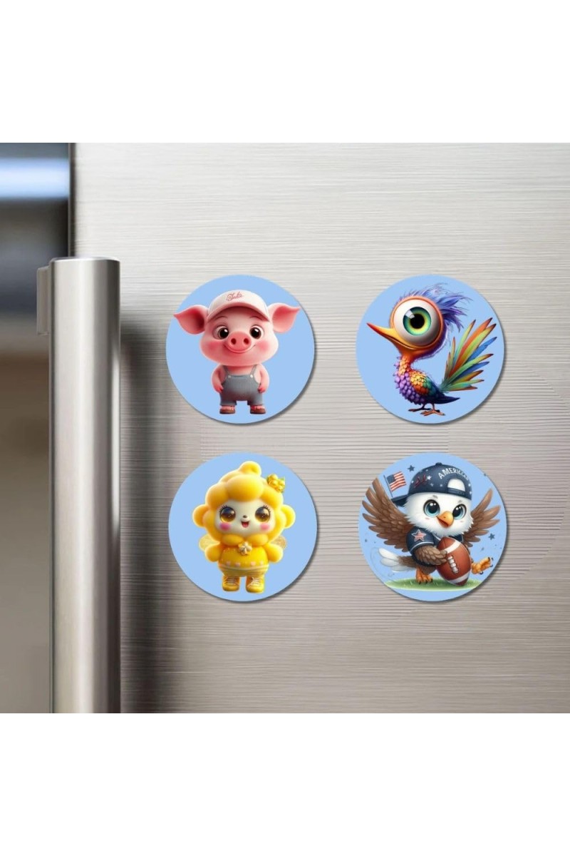 Pig, Bird, Lamb, and Eagle. Fridge Magnets 4 Piece Set | 3 Inch Round Wall Fridge Decor (F23109)