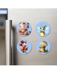 Tiger, Fairy, Pig, Snake Fridge Magnets 4 Piece Set | 3 Inch Round Wall Fridge Decor (F23156)