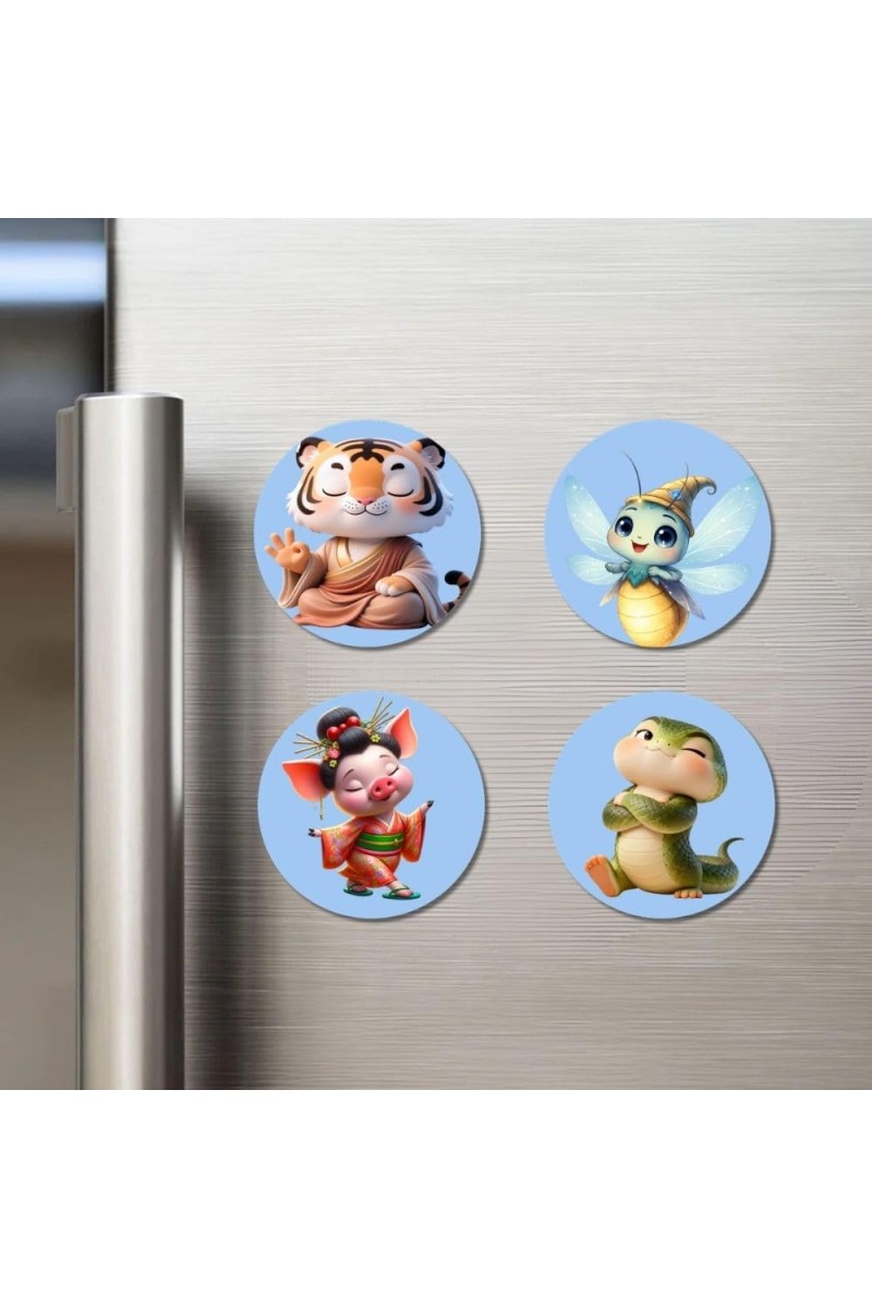 Tiger, Fairy, Pig, Snake Fridge Magnets 4 Piece Set | 3 Inch Round Wall Fridge Decor (F23156)