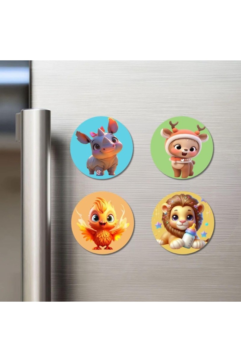 Rhino, Reindeer, Phoenix, and Lion Fridge Magnets 4 Piece Set | 3 Inch Round Wall Fridge Decor (F22916)