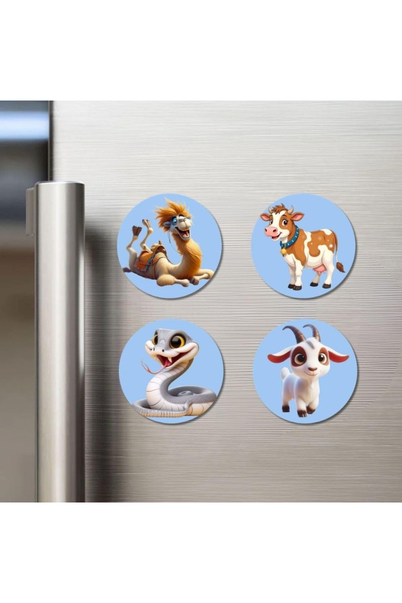 Camel, Cow, Snake, and Goat. Fridge Magnets 4 Piece Set | 3 Inch Round Wall Fridge Decor (F23056)
