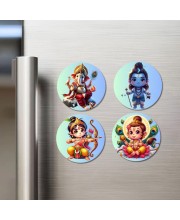 Ganesha, Shiva, Rama, and Kartikeya. Fridge Magnets 4 Piece Set | 3 Inch Round Wall Fridge Decor (F22791)