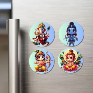 Ganesha, Shiva, Rama, and Kartikeya. Fridge Magnets 4 Piece Set | 3 Inch Round Wall Fridge Decor (F22791)