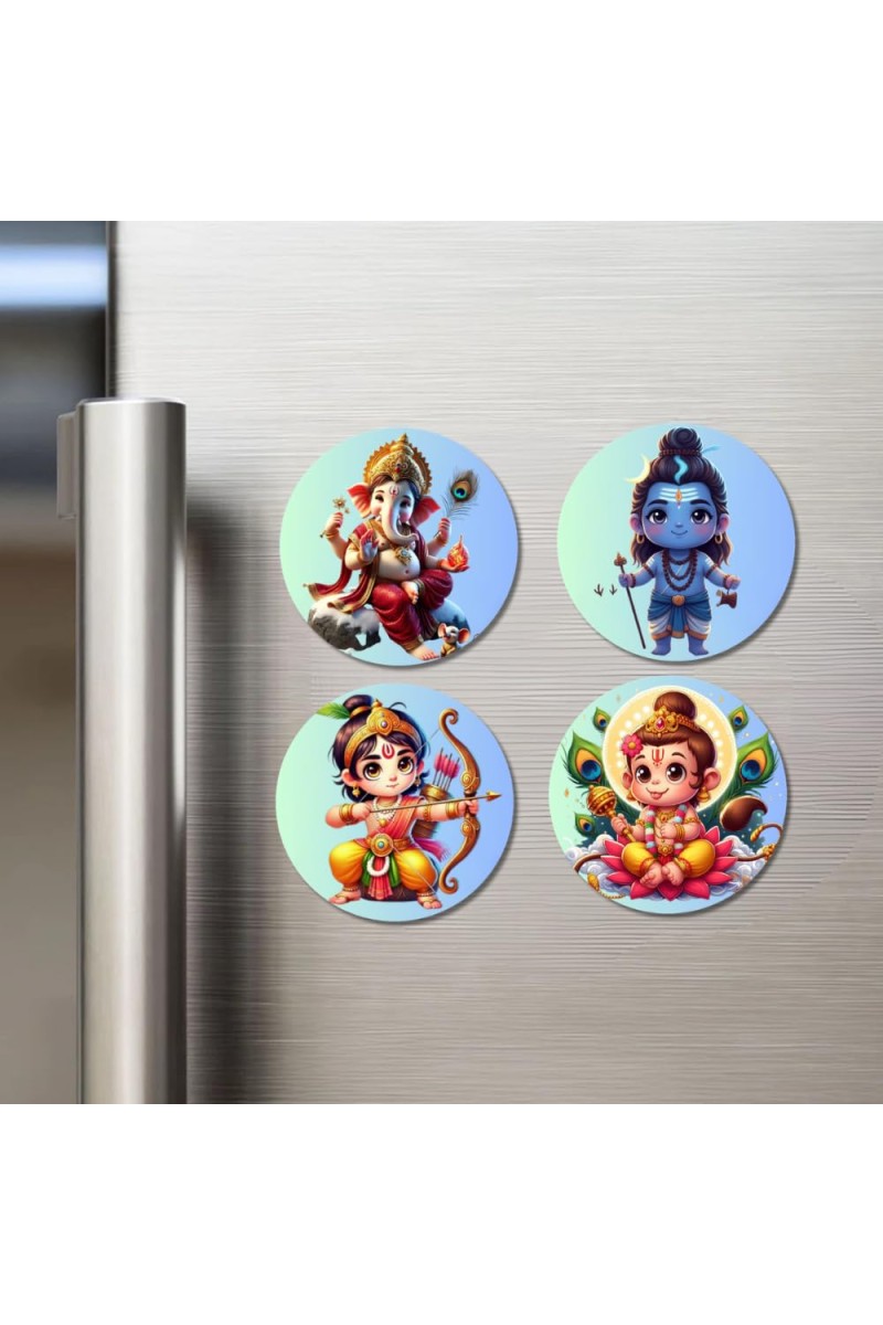 Ganesha, Shiva, Rama, and Kartikeya. Fridge Magnets 4 Piece Set | 3 Inch Round Wall Fridge Decor (F22791)