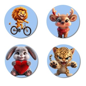 Lion, Deer, Rabbit, and Leopard. Fridge Magnets 4 Piece Set | 3 Inch Round Wall Fridge Decor (F23139)