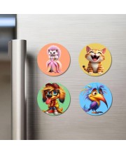 Hedgehog, Cat, Dog, and Toucan. Fridge Magnets 4 Piece Set | 3 Inch Round Wall Fridge Decor (F22997)
